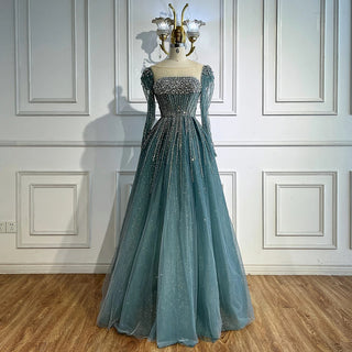 Ships in 2 to 5 Days -Luxury Caramel Sparkly A-Line Evening Dress – Long Sleeve Ball Gown for Prom & Parties