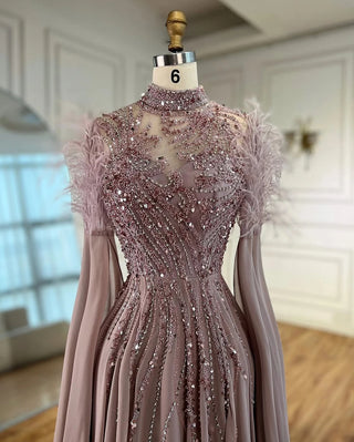 Ships in 2 to 5 Days - Feather-Trimmed High Neck Beaded A-Line Evening Gown with Sheer Cape Sleeves