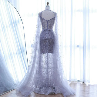 Ships in 2 to 5 Days - Luxury Purple Beaded Sequin Mermaid Evening Gown with Cape – Elegant Formal Dress