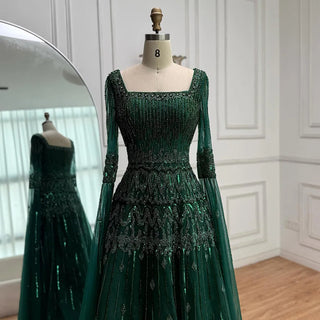 Ships in 2 to 5 Days - Customized Green Beaded A-Line Evening Dress with Cape – Formal Occasion Gown