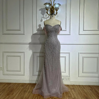 Ships in 2 to 5 Days -2025 Custom Nude Beaded Mermaid Evening Dress – Formal Gown with Feathered Details