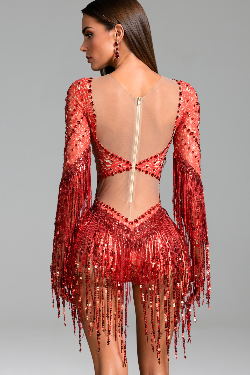Beaded Fringe Illusion Cutout Bodysuit - LAROSABRIDE