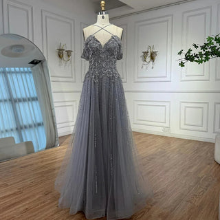 Ships in 2 to 5 Days - Luxury Customized Gray Beaded Arabic Off-Shoulder A-Line Evening Dress – 2025 Collection