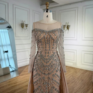 Ships in 2 to 5 Days -Luxury Beaded Off-Shoulder Evening Gown – Long Sleeve Formal Dress with Elegant Train