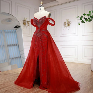 Ships in 2 to 5 Days - Luxury Red Beaded Mermaid Evening Dress – Gown with Overskirt and Thigh-High Slit