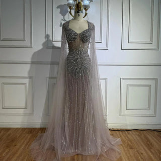 Ships in 2 to 5 Days - Luxury Nude Beaded Evening Dress – Saudi-Inspired Formal Gown with Cape Sleeves