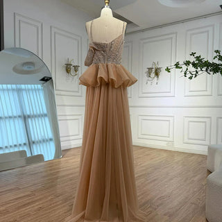 Ships in 2 to 5 Days -2025 Custom Caramel Beaded Mermaid Evening Dress – Formal Gown with Overskirt and Elegant Split