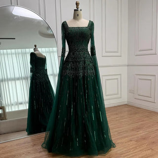 Ships in 2 to 5 Days - Customized Green Beaded A-Line Evening Dress with Cape – Formal Occasion Gown