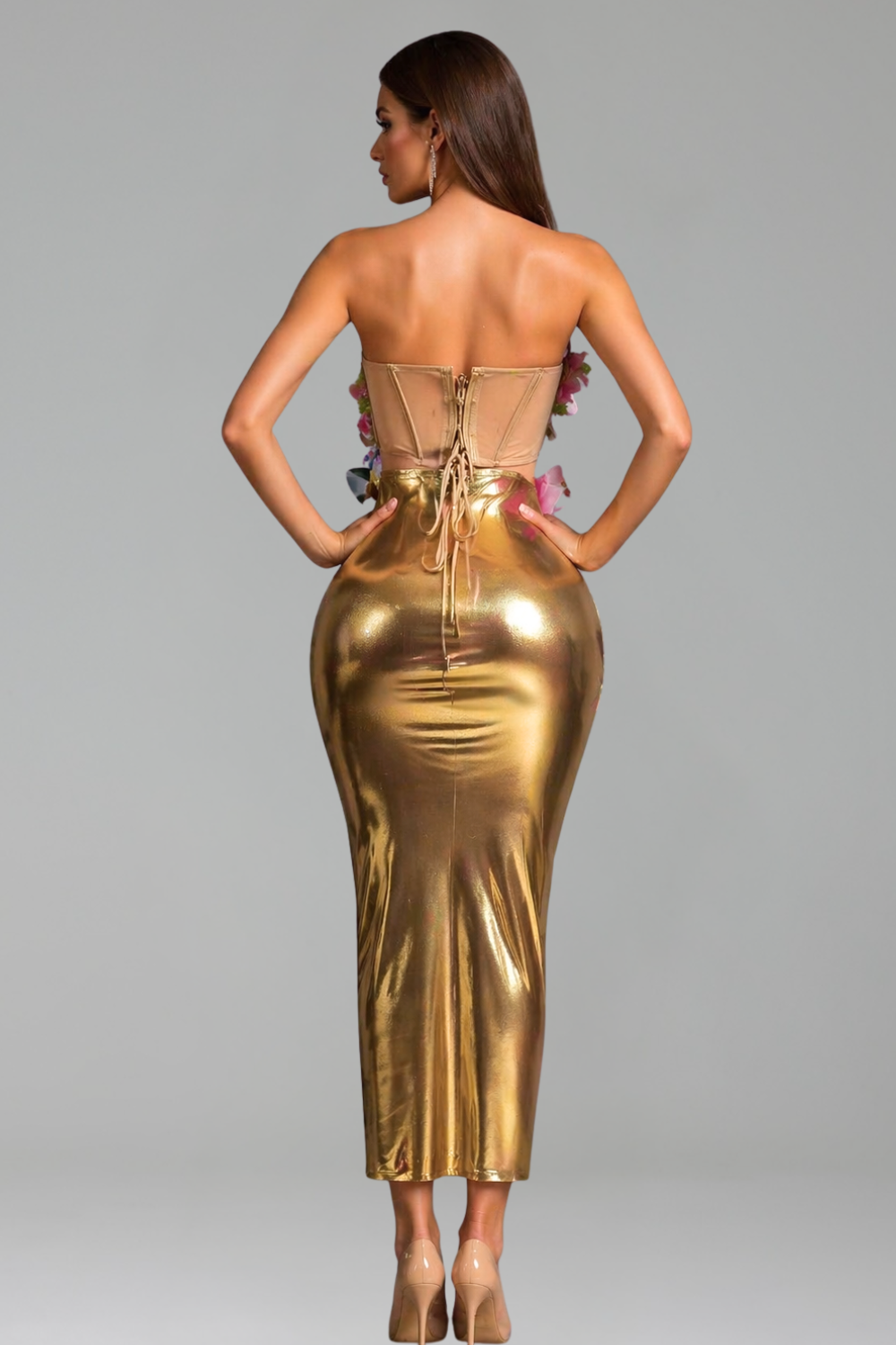 Floral Embellished Sculpted Corset Midi Dress - LAROSABRIDE
