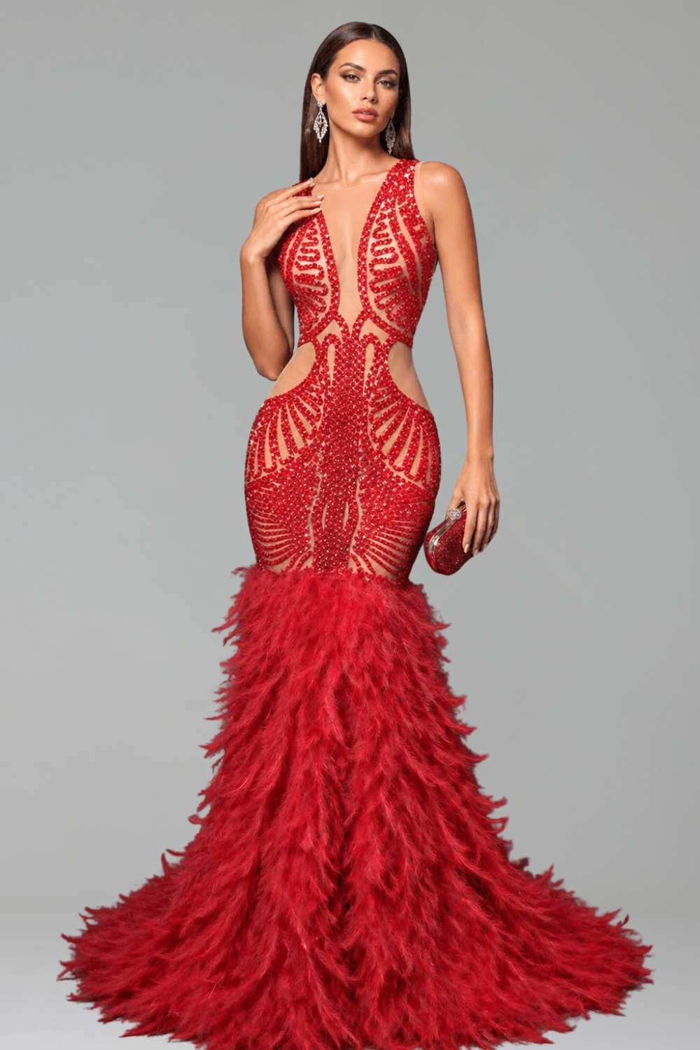 Deep V Illusion Feather Hem Gown - LAROSABRIDE