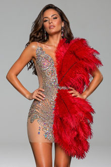 Asymmetric Embellished Feather Statement Mini Dress - LAROSABRIDE