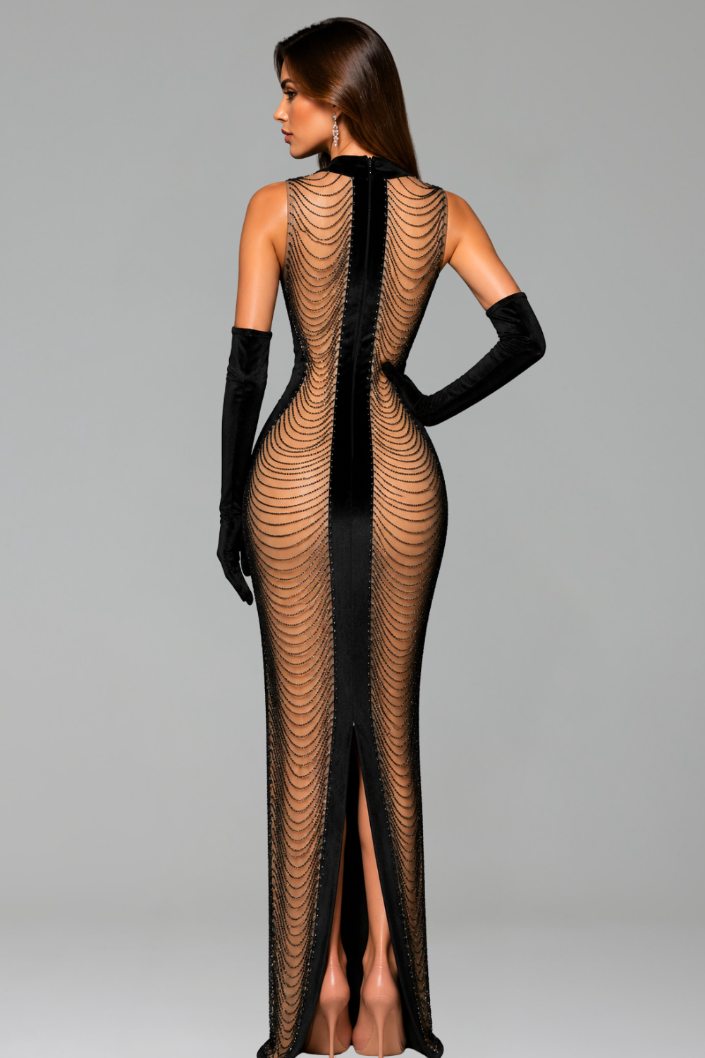 Sheer Chain Illusion Column Gown - LAROSABRIDE