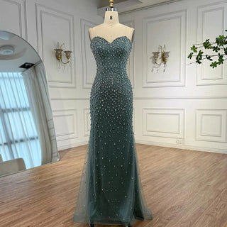 Turquoise Beaded Mermaid Evening Dress with Detachable High-Neck Overlay and Strapless Inner Gown