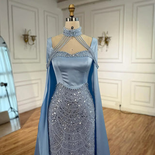 Luxury Arabic Pearl Beaded Mermaid Evening Dress with Cape