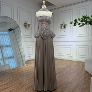 Ships in 2 to 5 Days -Luxury Designer Nude Beaded Chiffon Evening Gown for Women – Elegant Dress for Weddings & Formal Parties