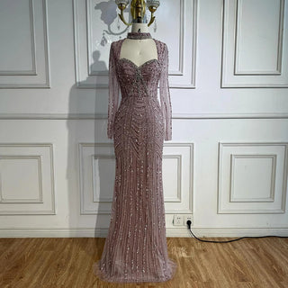 Ships in 2 to 5 Days - 2025 Caramel Beaded Mermaid Evening Gown – Long Sleeve Formal Dress for Weddings & Parties