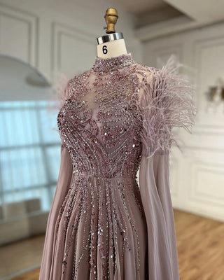 Ships in 2 to 5 Days - Feather-Trimmed High Neck Beaded A-Line Evening Gown with Sheer Cape Sleeves