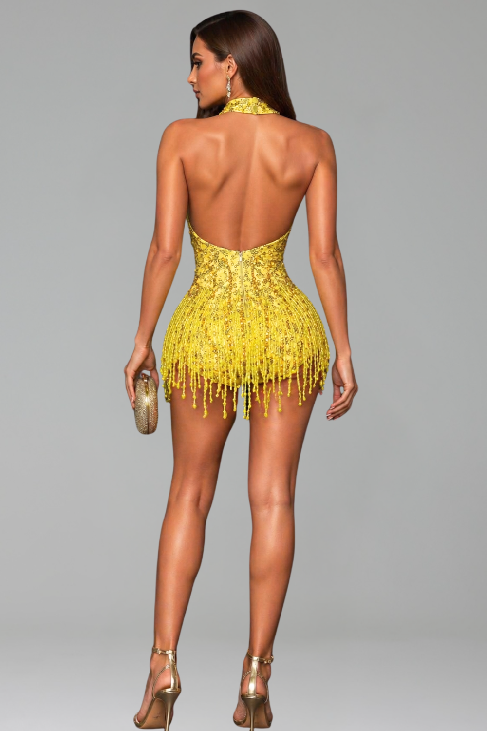 Plunge Halter Beaded Fringe Mini Dress - LAROSABRIDE