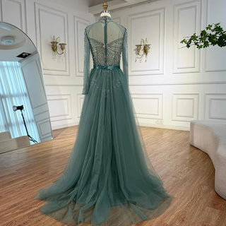 Ships in 2 to 5 Days - Luxury Nude Beaded Arabic-Style Evening Dress – Elegant Gown with Detachable Overskirt