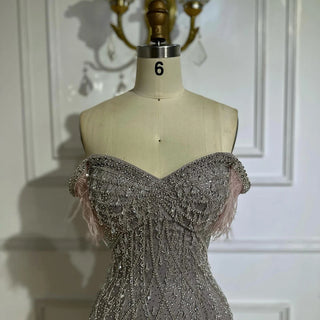 Ships in 2 to 5 Days -2025 Custom Nude Beaded Mermaid Evening Dress – Formal Gown with Feathered Details