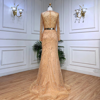 Ships in 2 to 5 Days - 2025 Muslim Gold Mermaid Evening Dress - Luxury Elegant Beaded Gown with Sashes for Women’s Parties