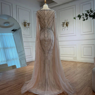 Ships in 2 to 5 Days - Luxury Beige-Pink Beaded Evening Gown – 2025 Formal Dress with Cape Sleeves