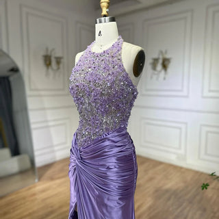 Ships in 2 to 5 Days - 2025 Arabic Lilac Halter Neck Side Slit Mermaid Luxury Dubai Evening Gown Beaded Dress for Women's Party