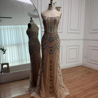 Ships in 2 to 5 Days -2025 Custom Green Saudi-Inspired Evening Dress – Strapless Beaded Formal Gown