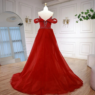 Ships in 2 to 5 Days - Luxury Red Beaded Mermaid Evening Dress – Gown with Overskirt and Thigh-High Slit