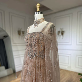 2025 Arabic Nude A-Line Cape Sleeve Crystal Beaded Saudi Evening Dresses Gowns for Formal Occasions
