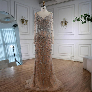 Ships in 2 to 5 Days - Luxury Nude Crystal Beaded Mermaid Evening Gown with Long Sleeves – Designer Formal Dress
