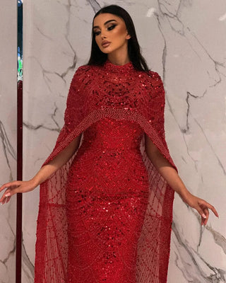 Ships in 2 to 5 Days - Luxury Nude Mermaid Evening Gown with Long Cape – Saudi Arabic Formal Dress