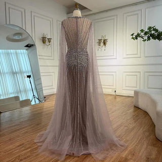 Ships in 2 to 5 Days - Luxury Nude Beaded Evening Dress – Saudi-Inspired Formal Gown with Cape Sleeves
