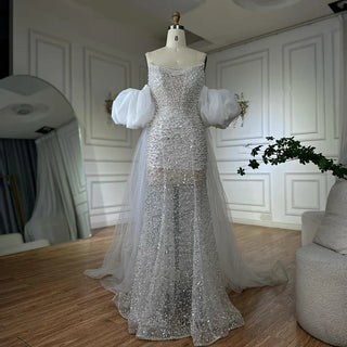 Ships in 2 to 5 Days - 2025 White Beaded Strapless Evening & Wedding Gown with Detachable Puffy Sleeves – Formal Party Dress