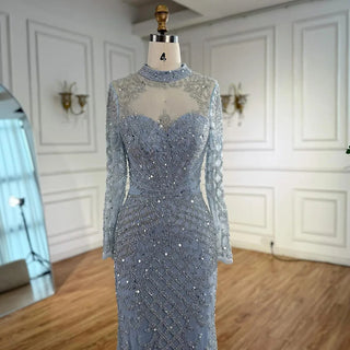 Ships in 2 to 5 Days - Luxury Caramel Beaded Evening Dress – High Neck Long Sleeve Mermaid Gown