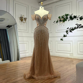 Ships in 2 to 5 Days -2025 Custom Saudi-Style Off-Shoulder Beaded Nude Tulle Mermaid Evening Dress – Formal Occasion Gown