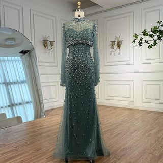 Turquoise Beaded Mermaid Evening Dress with Detachable High-Neck Overlay and Strapless Inner Gown