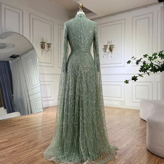 Ships in 2 to 5 Days - 2025 Muslim Nude Mermaid Cape Sleeves Luxury Dubai Evening Gown Pearls Beaded Dress for Women's Party