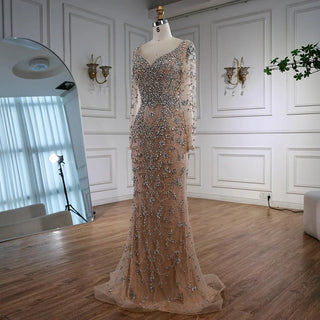 Ships in 2 to 5 Days - Luxury Nude Crystal Beaded Mermaid Evening Gown with Long Sleeves – Designer Formal Dress