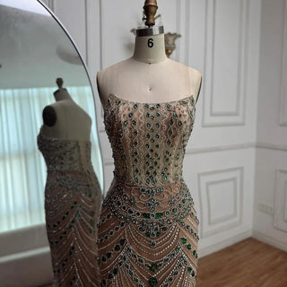 Ships in 2 to 5 Days -2025 Custom Green Saudi-Inspired Evening Dress – Strapless Beaded Formal Gown