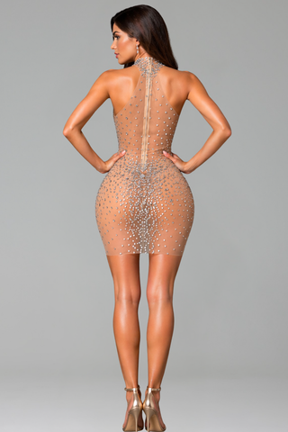 High Neck Beaded Illusion Mini Dress