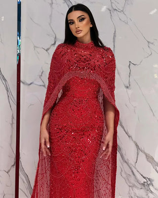 Ships in 2 to 5 Days - Luxury Nude Mermaid Evening Gown with Long Cape – Saudi Arabic Formal Dress