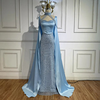 Luxury Arabic Pearl Beaded Mermaid Evening Dress with Cape