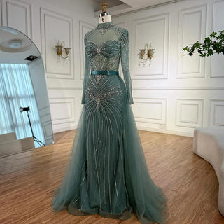 Ships in 2 to 5 Days - Luxury Nude Beaded Arabic-Style Evening Dress – Elegant Gown with Detachable Overskirt