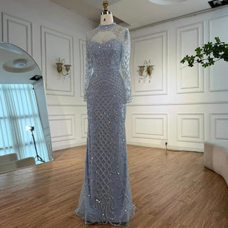 Ships in 2 to 5 Days - Luxury Caramel Beaded Evening Dress – High Neck Long Sleeve Mermaid Gown