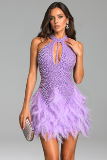 Embellished Halter Feather Mini Dress - LAROSABRIDE