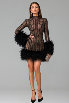 Crystal Mesh Feather Mini Dress - LAROSABRIDE