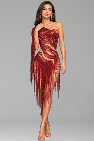 One Shoulder Crystal Fringe Mini Dress