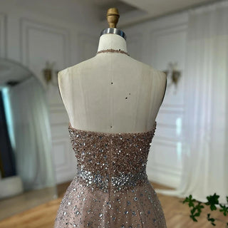 Ships in 2 to 5 Days - Customized Saudi Arabic Caramel Halter Beaded Tulle A-Line Evening Dress – Party Gown for Formal Occasions