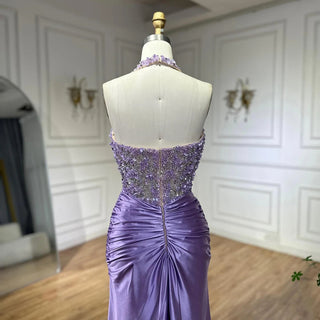 Ships in 2 to 5 Days - 2025 Arabic Lilac Halter Neck Side Slit Mermaid Luxury Dubai Evening Gown Beaded Dress for Women's Party